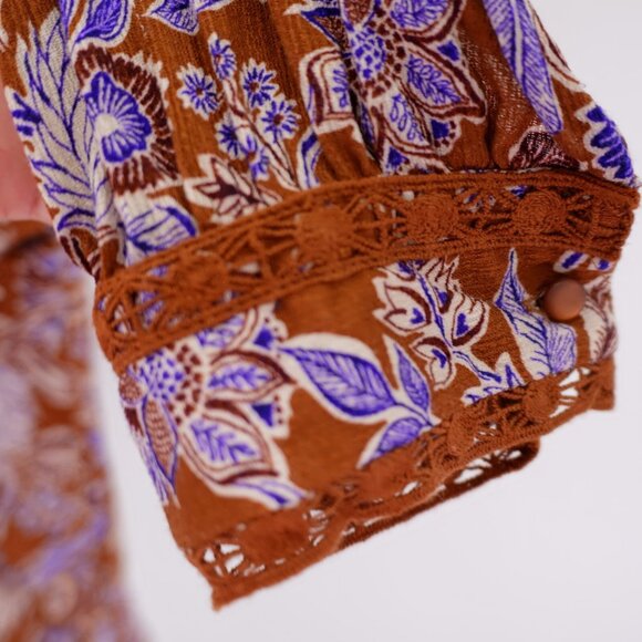Democracy Collared Button Front Brown Blue Floral Lace Lined Shirt 1X Top Rayon - Picture 3 of 9